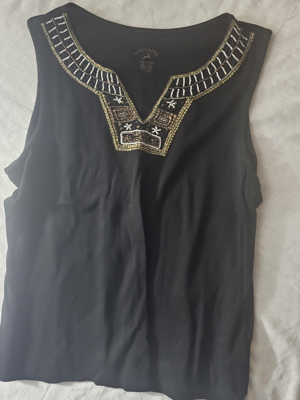 White Stag Black Sleeveless Tank with Gold & Silver Beaded V-Neck